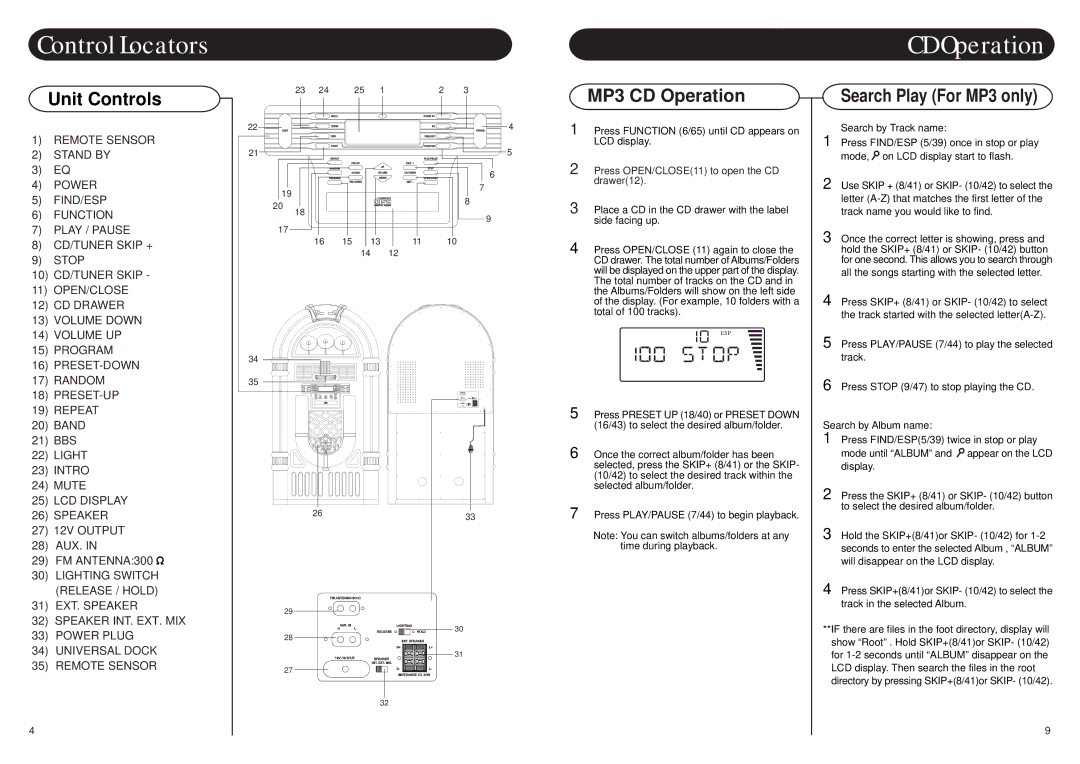 Crosley Radio CR12-2 instruction manual Control Locators, Unit Controls, MP3 CD Operation 