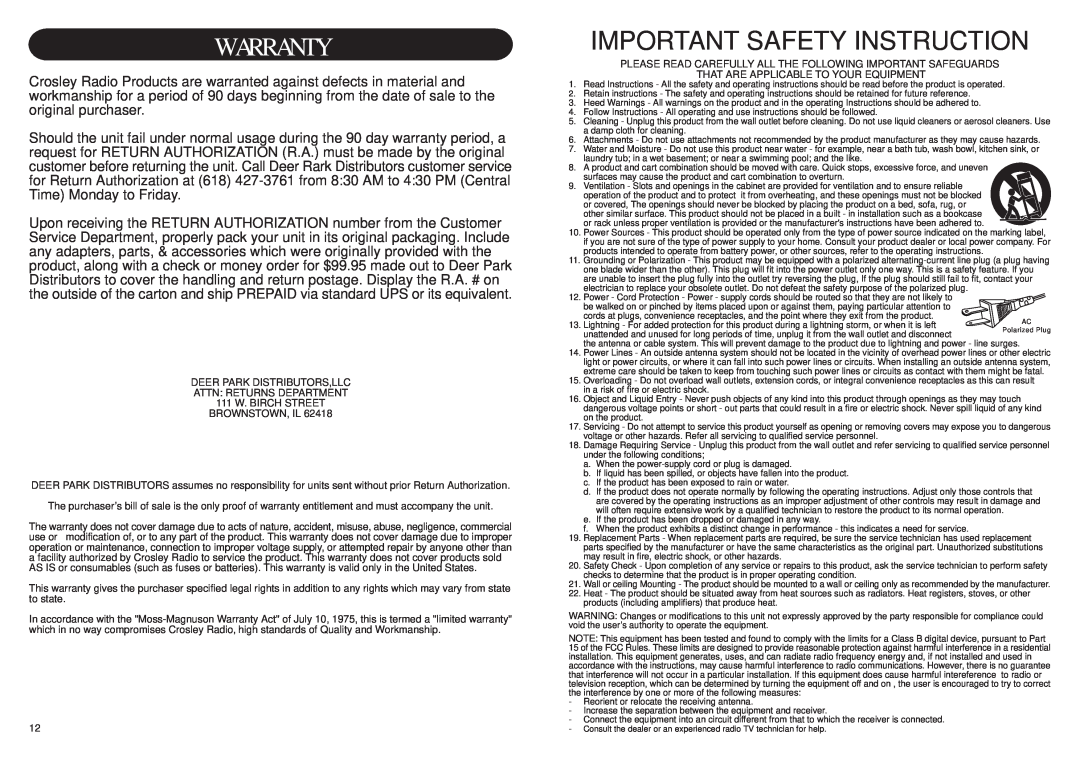 Crosley Radio CR12-2 instruction manual Warranty, Important Safety Instruction 
