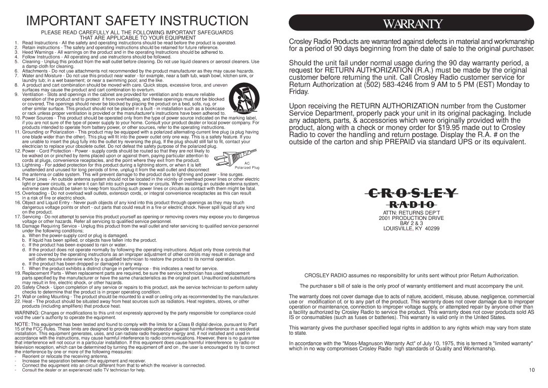 Crosley Radio CR16 instruction manual Warranty 