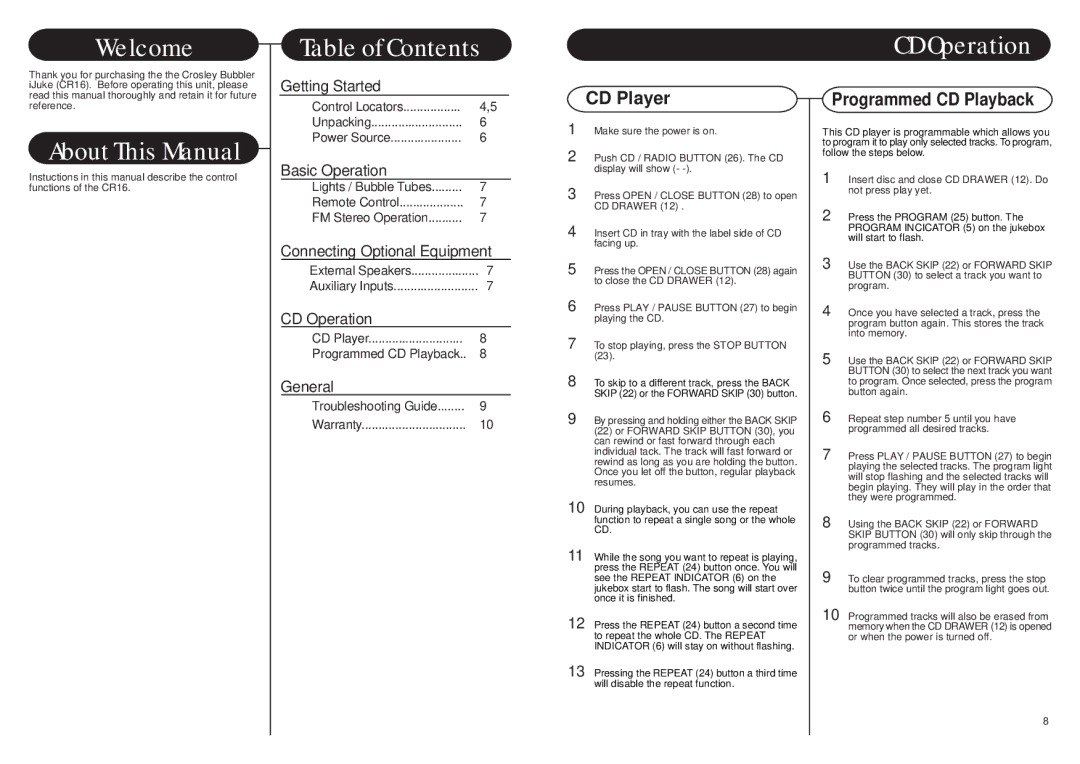 Crosley Radio CR16 instruction manual Welcome, About This Manual, Table of Contents, CD Operation 