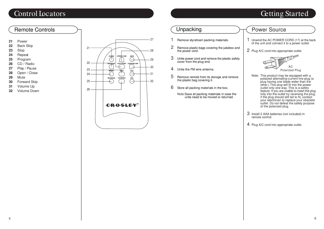 Crosley Radio CR16 instruction manual Getting Started, Remote Controls, Power Source 