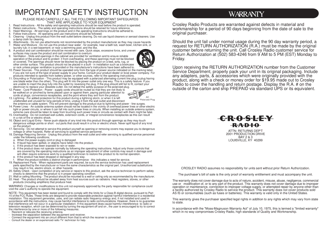 Crosley Radio CR21 instruction manual Important Safety Instruction, Warranty 