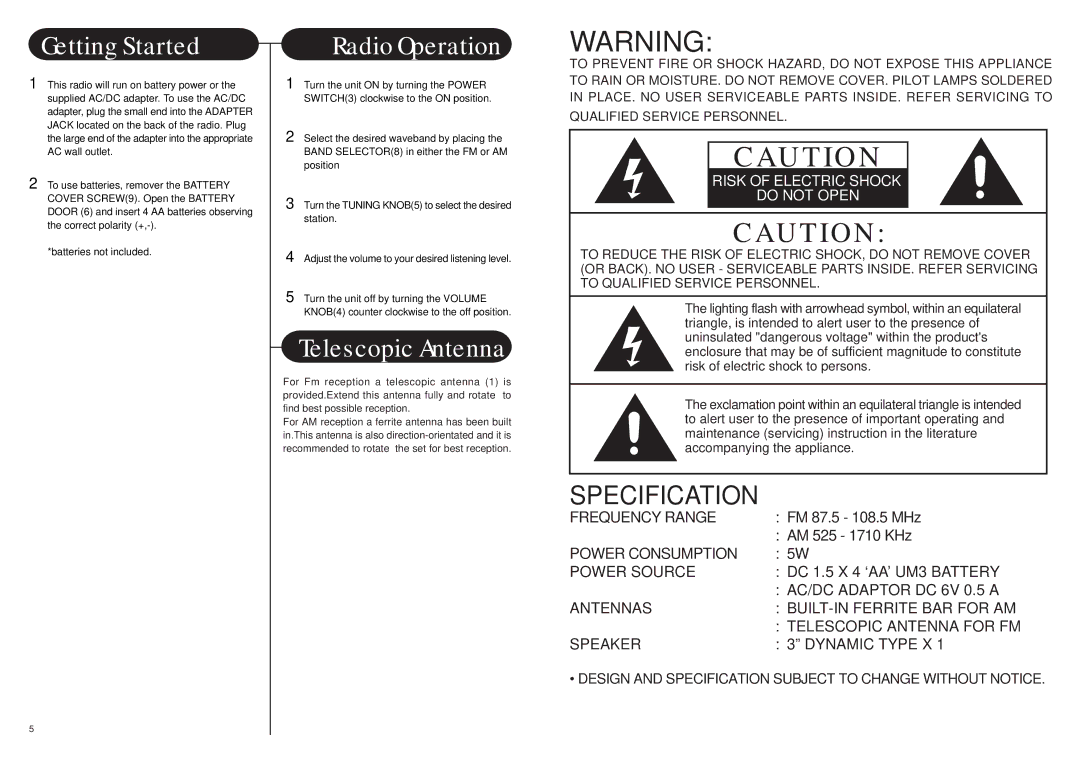 Crosley Radio CR21 instruction manual Getting Started, Specification 