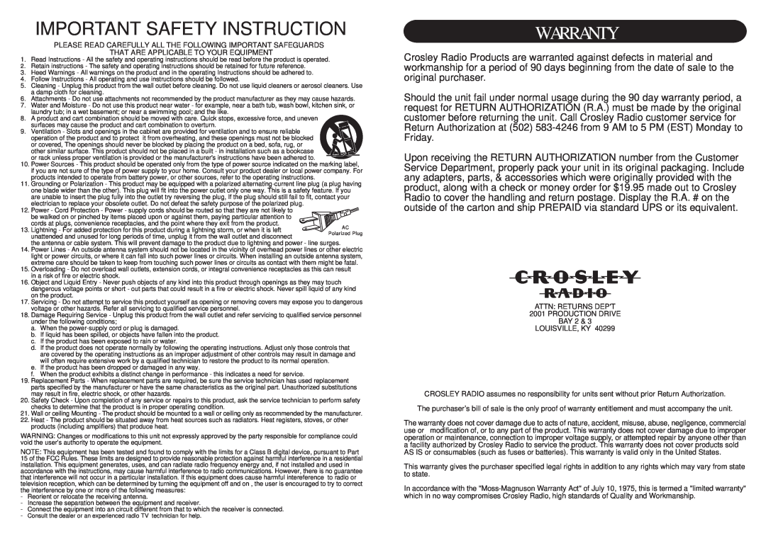 Crosley Radio CR21 instruction manual Important Safety Instruction, Warranty 