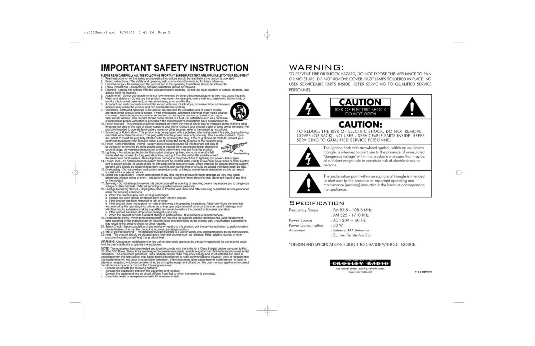 Crosley Radio CR221 Solo instruction manual Cr221Manual.qxd 8/30/05 141 PM 