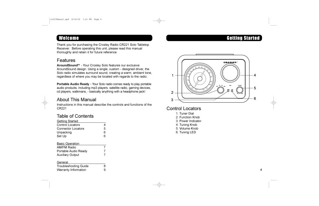 Crosley Radio CR221 Solo Welcome, Features, About This Manual, Table of Contents, Getting Started, Control Locators 