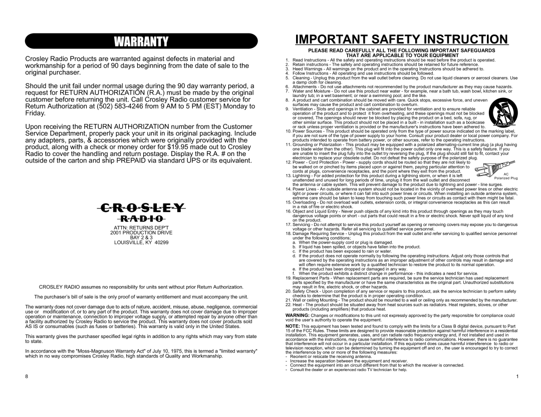 Crosley Radio CR249 instruction manual Important Safety Instruction 