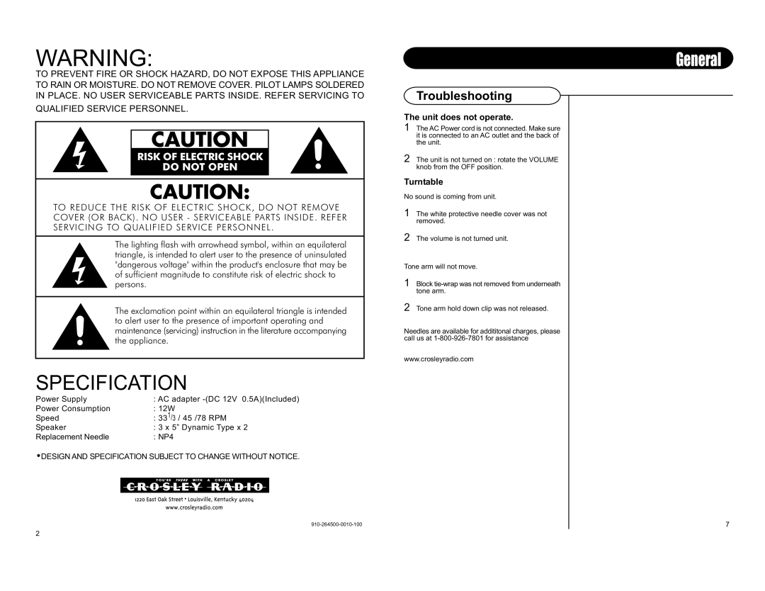 Crosley Radio CR249 instruction manual General, Troubleshooting 