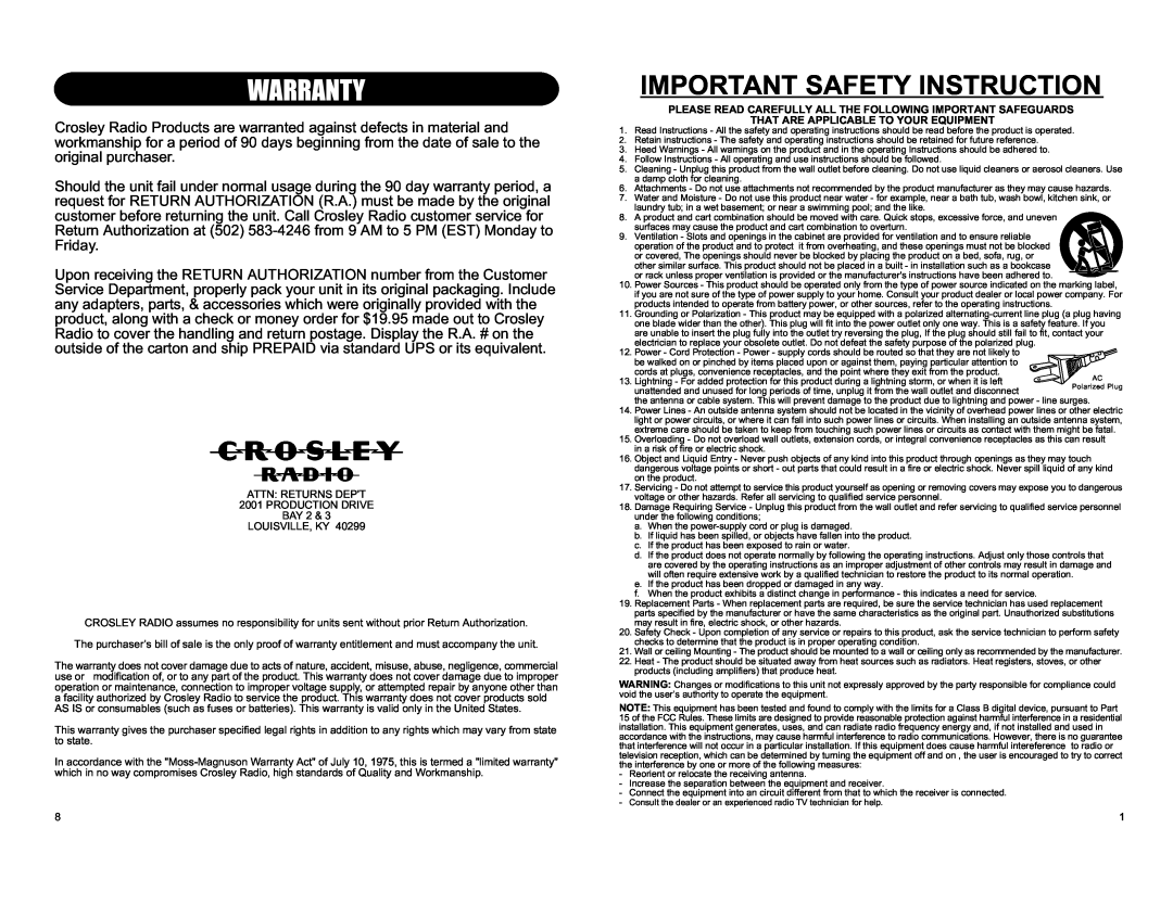 Crosley Radio CR249 instruction manual Warranty, Important Safety Instruction 