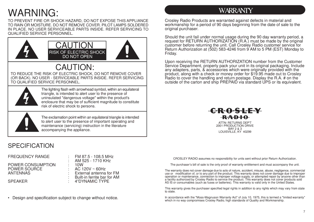 Crosley Radio CR31 instruction manual Warranty 