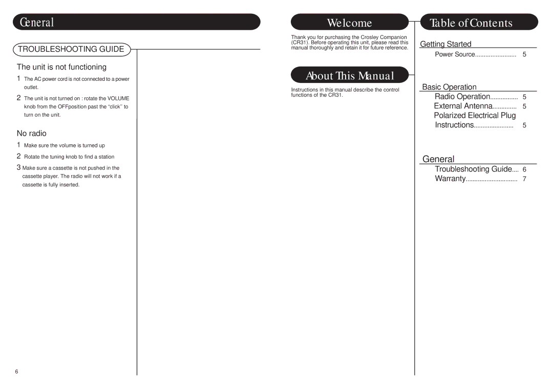 Crosley Radio CR31 instruction manual General, Welcome 