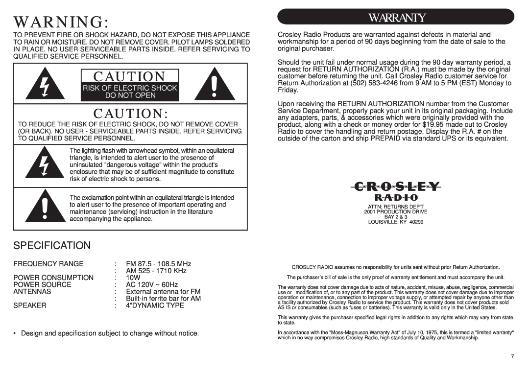 Crosley Radio CR31 instruction manual Warranty, Specification, Risk Of Electric Shock Do Not Open 