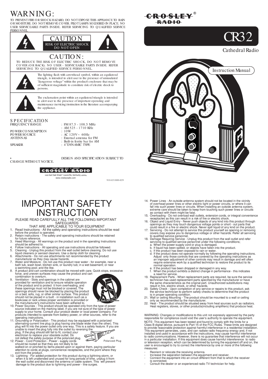 Crosley Radio CR32 instruction manual Specification, Risk of Electric Shock Do not Open 