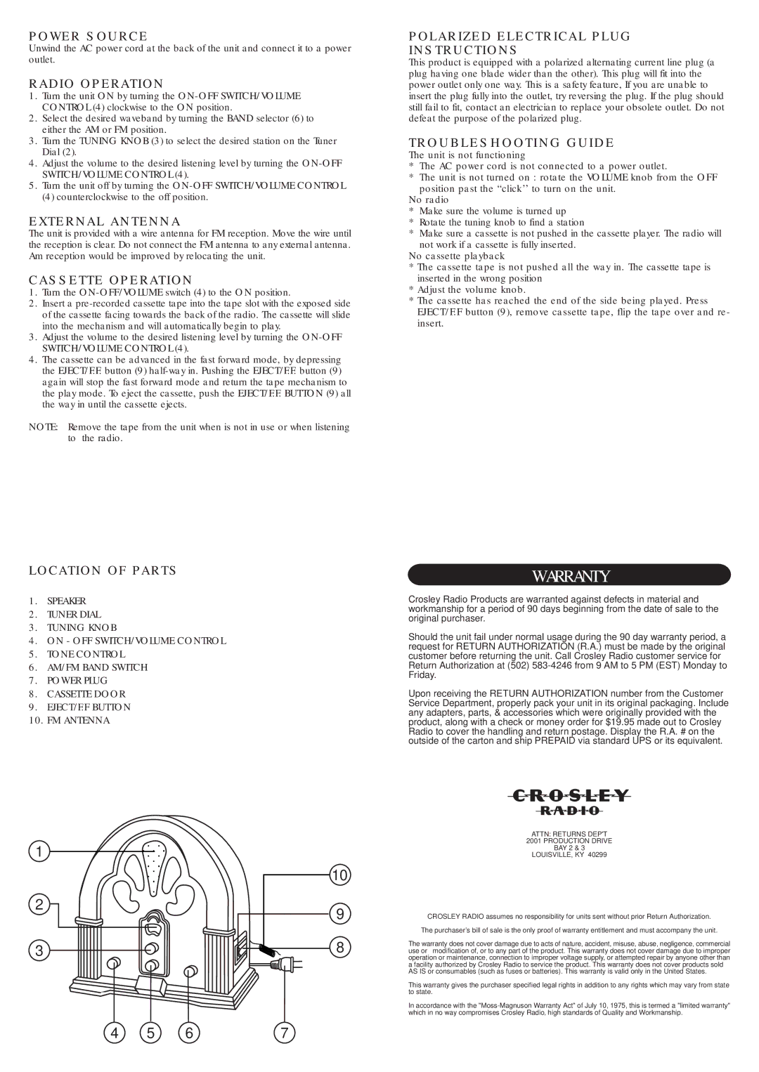 Crosley Radio CR32 Power Source, Radio Operation, External Antenna, Cassette Operation, Troubleshooting Guide 