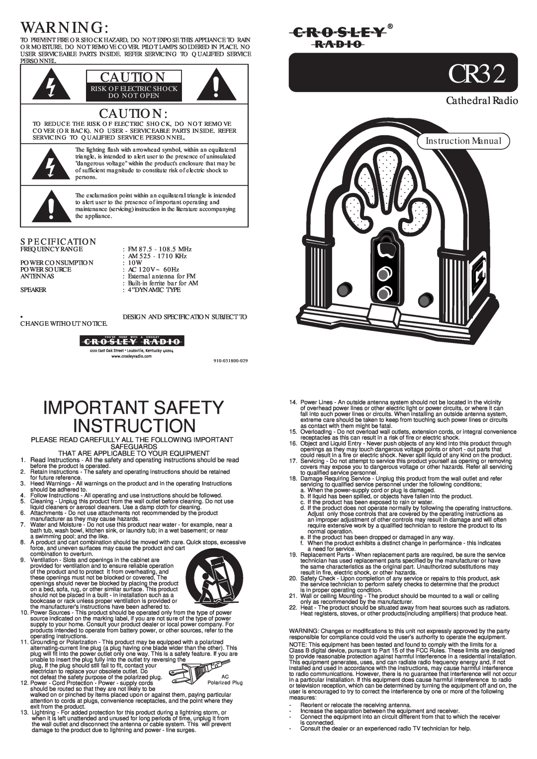 Crosley Radio CR32 instruction manual Specification, Important Safety Instruction, Cathedral Radio 