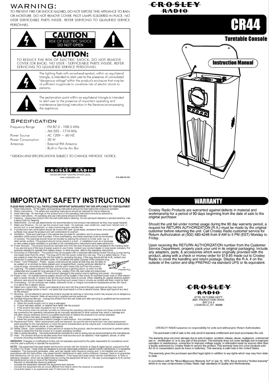 Crosley Radio CR44 manual 