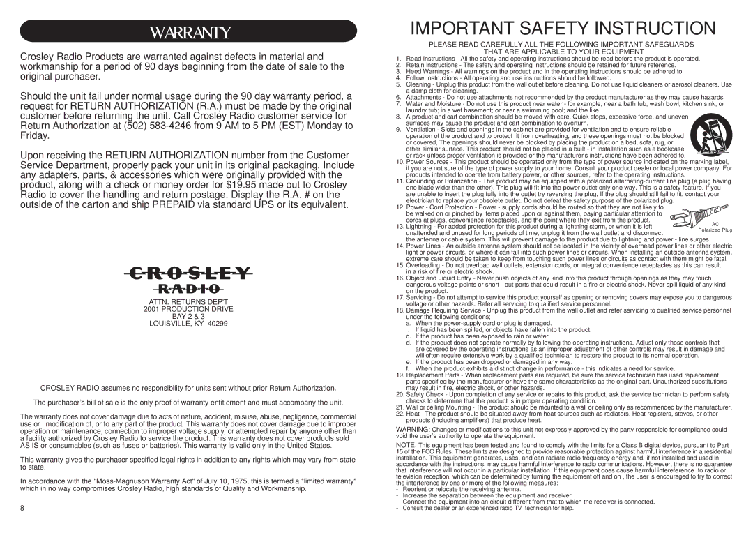 Crosley Radio CR48 instruction manual Attn Returns Dept Production Drive, Louisville, Ky 