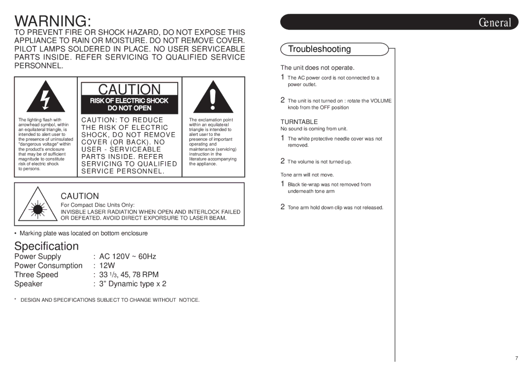 Crosley Radio CR48 instruction manual General, Troubleshooting, Design and Specifications Subject to Change Without Notice 