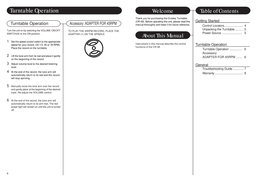 Crosley Radio CR48 instruction manual Turntable Operation 