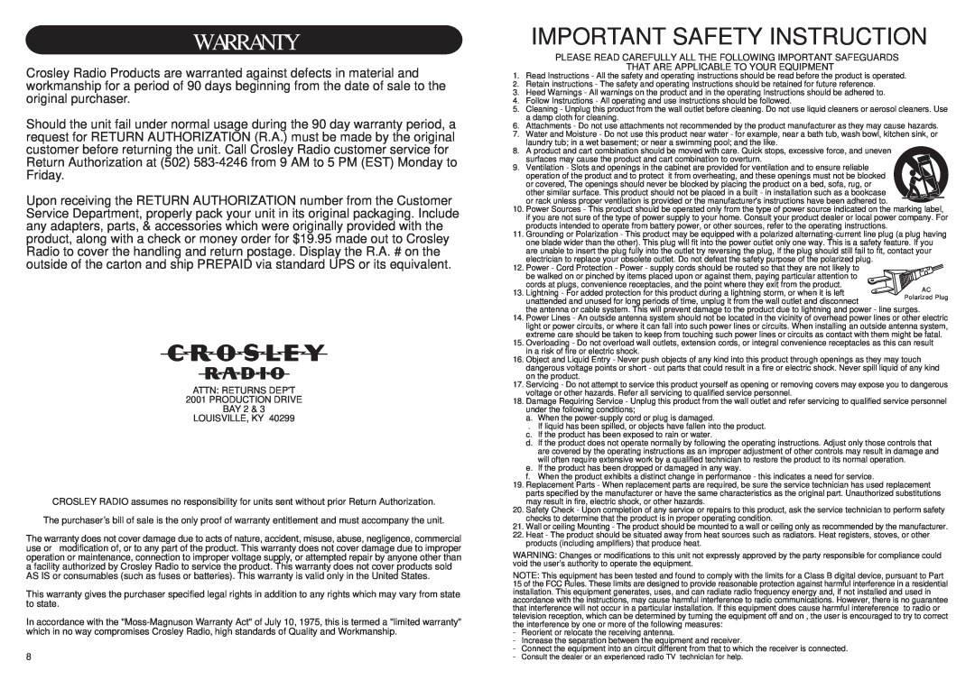 Crosley Radio CR48 instruction manual Warranty, Important Safety Instruction 