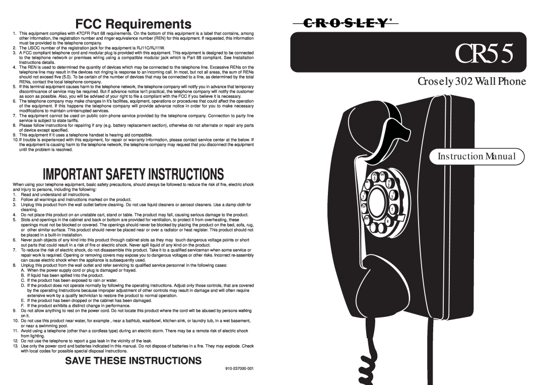 Crosley Radio CR55 important safety instructions Important Safety Instructions, FCC Requirements, Crosely 302 Wall Phone 