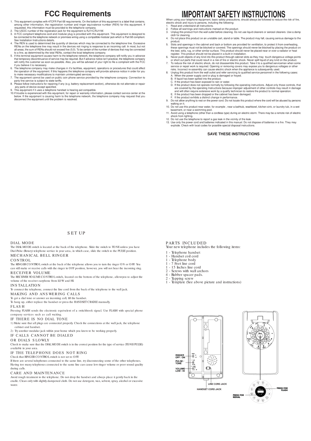 Crosley Radio CR57 Dial Mode, Mechanical Bell Ringer Control, Receiver Volume, Installation, Making and Answering Calls 