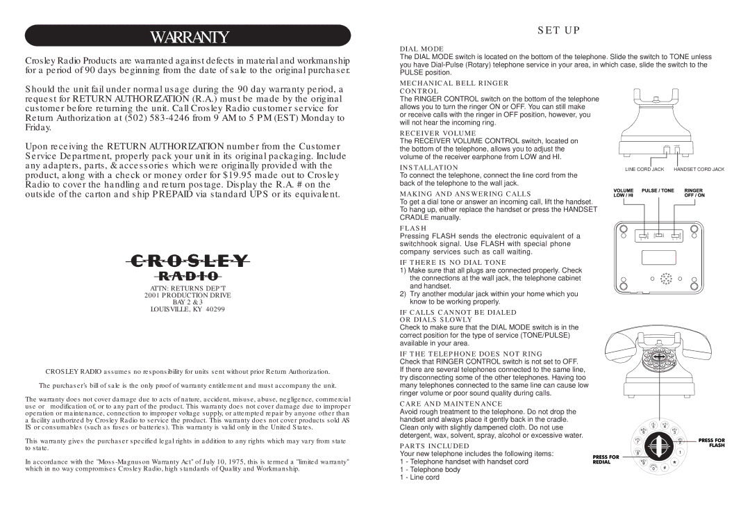 Crosley Radio CR62 Dial Mode, Mechanical Bell Ringer Control, Receiver Volume, Installation, Making and Answering Calls 