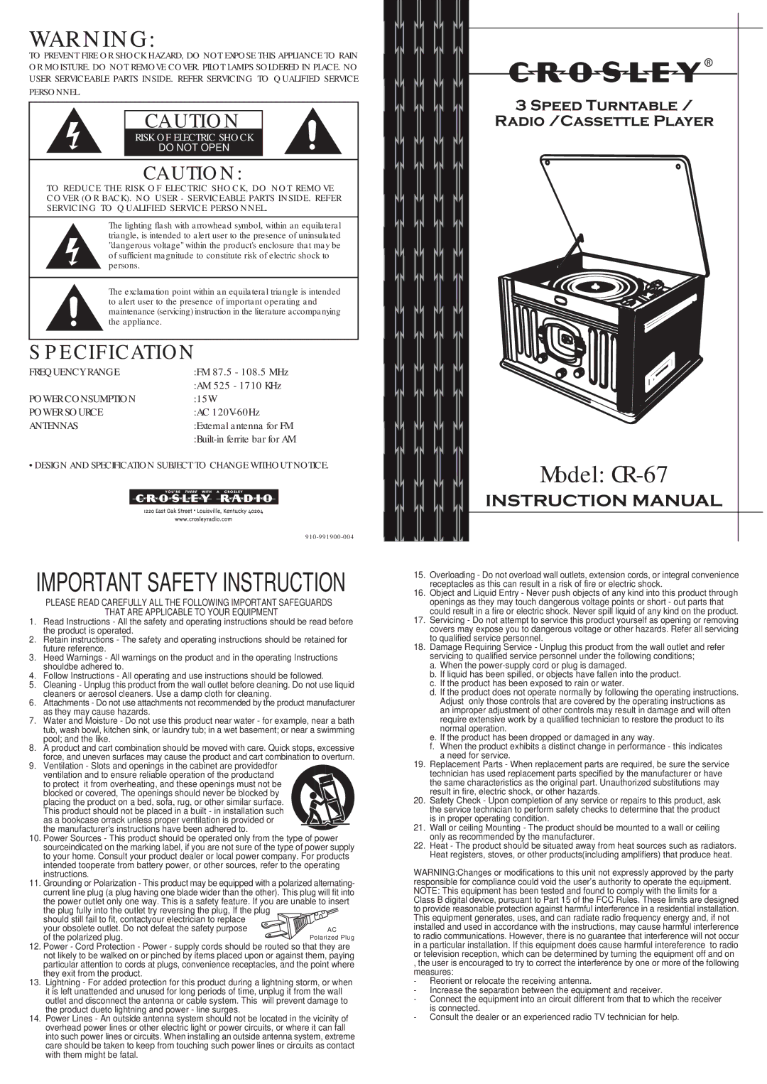 Crosley Radio CR67 specifications Model CR-67 