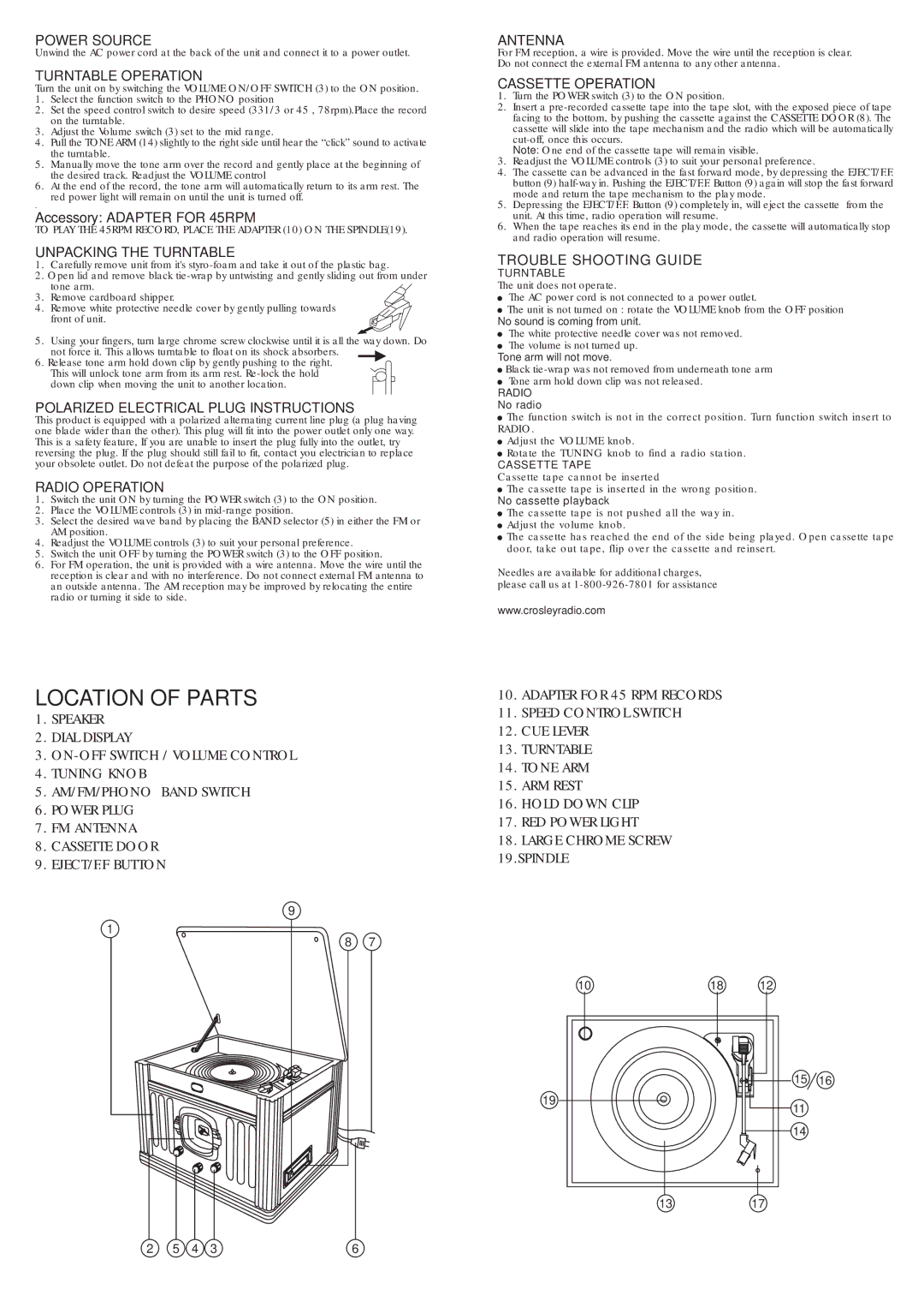 Crosley Radio CR67 Power Source, Turntable Operation, Unpacking the Turntable, Polarized Electrical Plug Instructions 