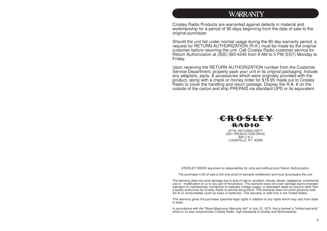 Crosley Radio CR711 instruction manual Warranty 