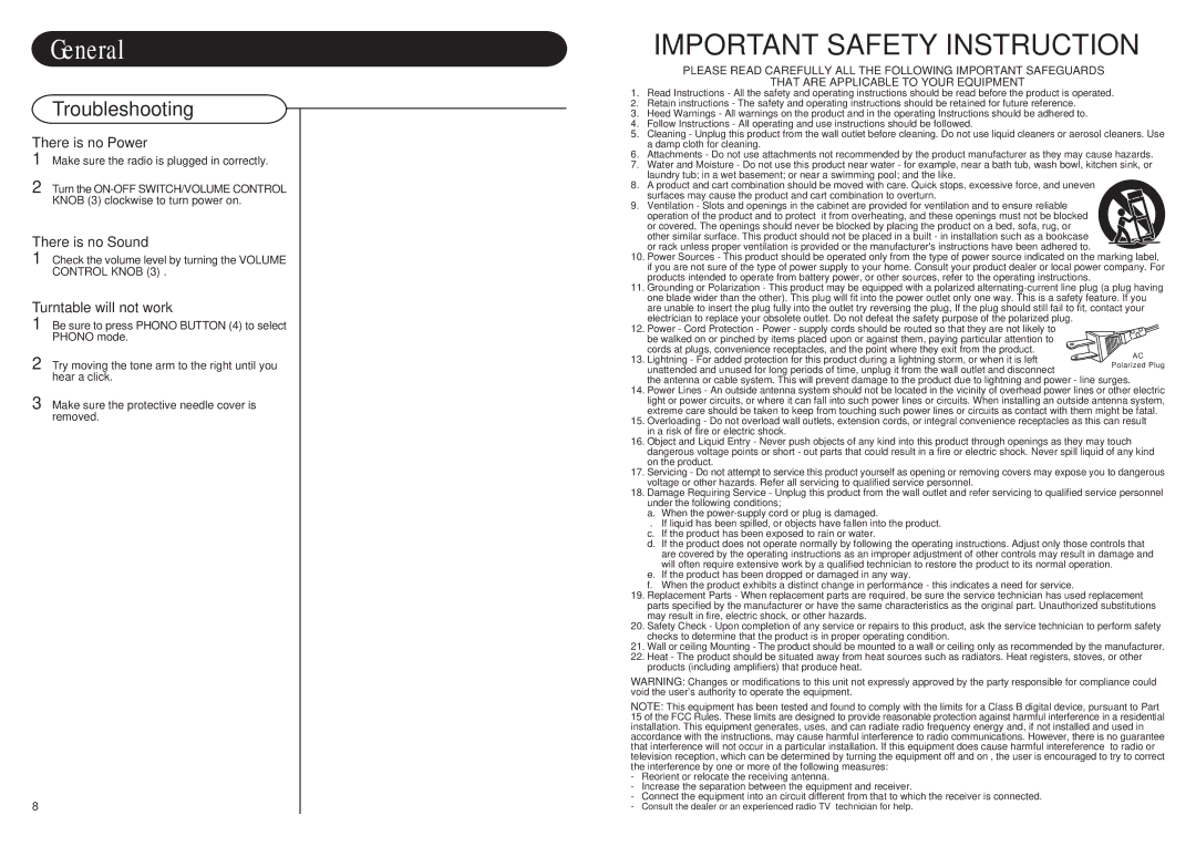 Crosley Radio CR711 instruction manual General, Troubleshooting 