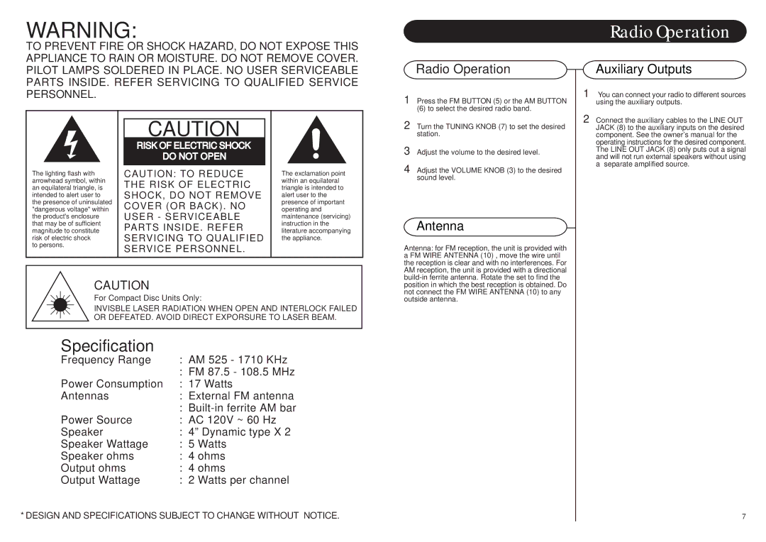 Crosley Radio CR711 instruction manual Radio Operation, Auxiliary Outputs, Antenna 