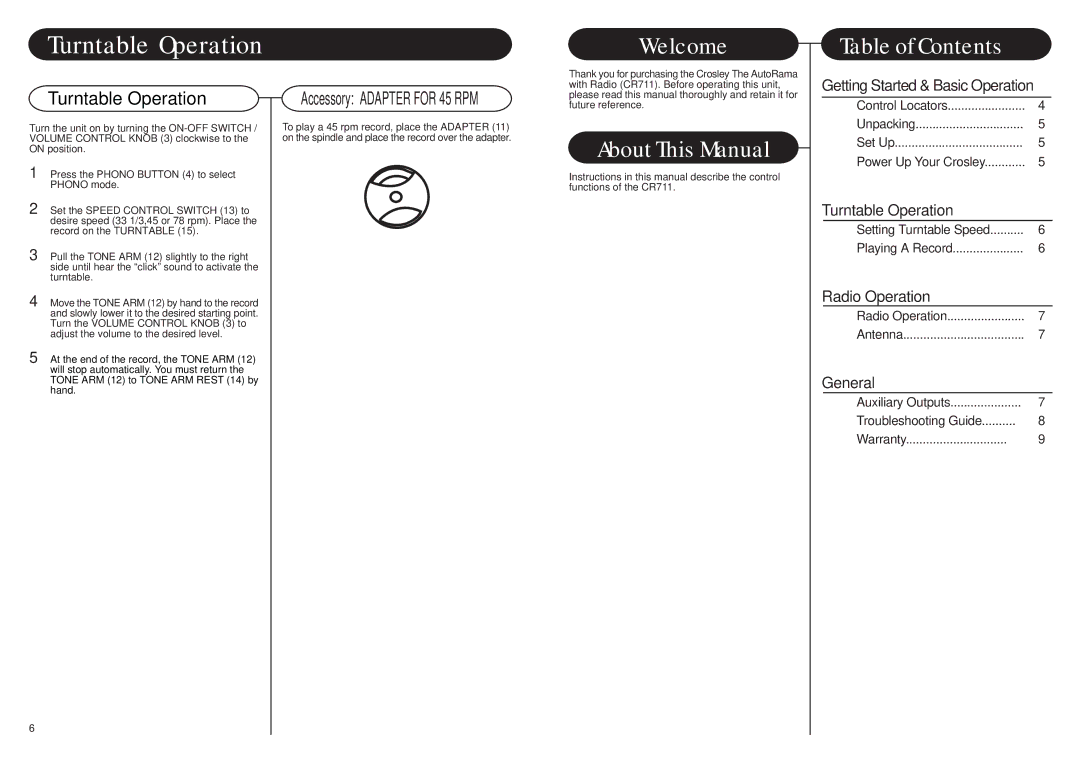 Crosley Radio CR711 instruction manual Turntable Operation, Welcome 