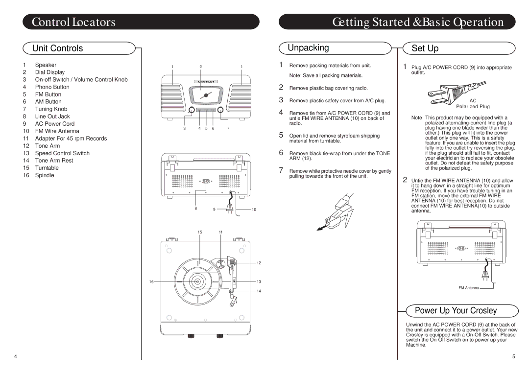 Crosley Radio CR711 Control Locators, Getting Started & Basic Operation, Unit Controls, Set Up, Power Up Your Crosley 