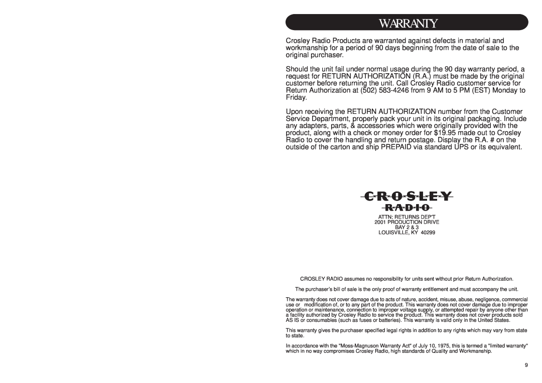 Crosley Radio CR711 instruction manual Warranty 
