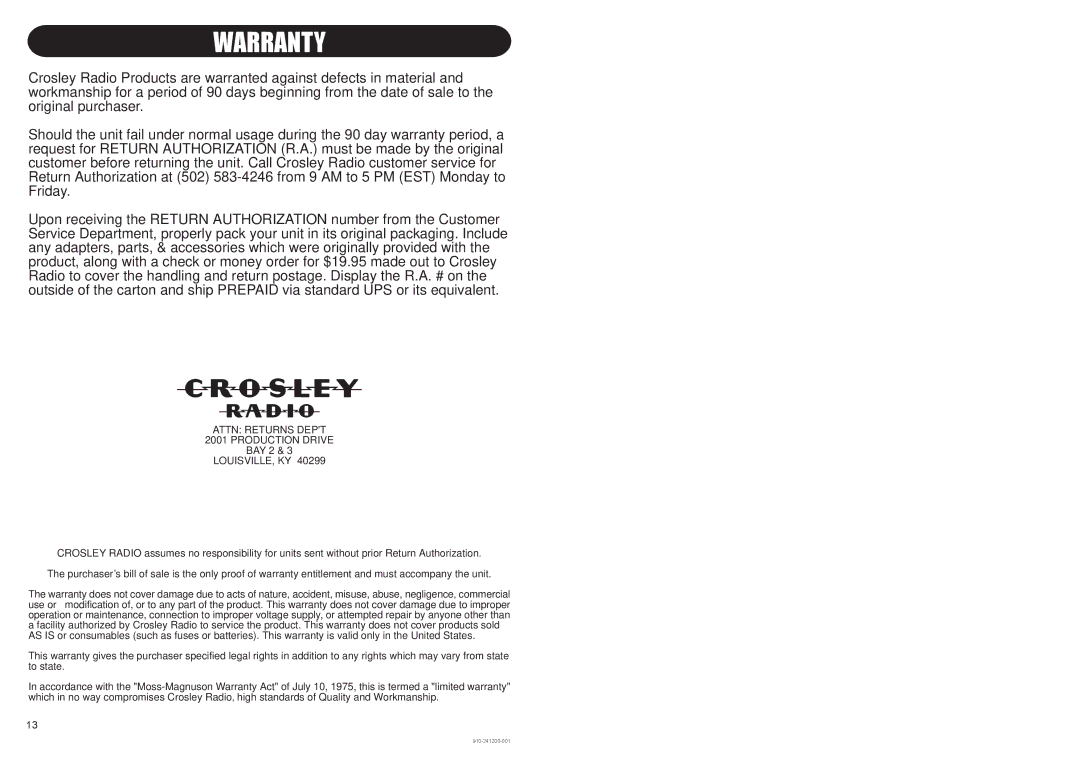 Crosley Radio CR73 instruction manual Warranty 