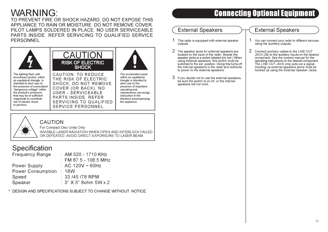 Crosley Radio CR73 instruction manual Connecting Optional Equipment, External Speakers 