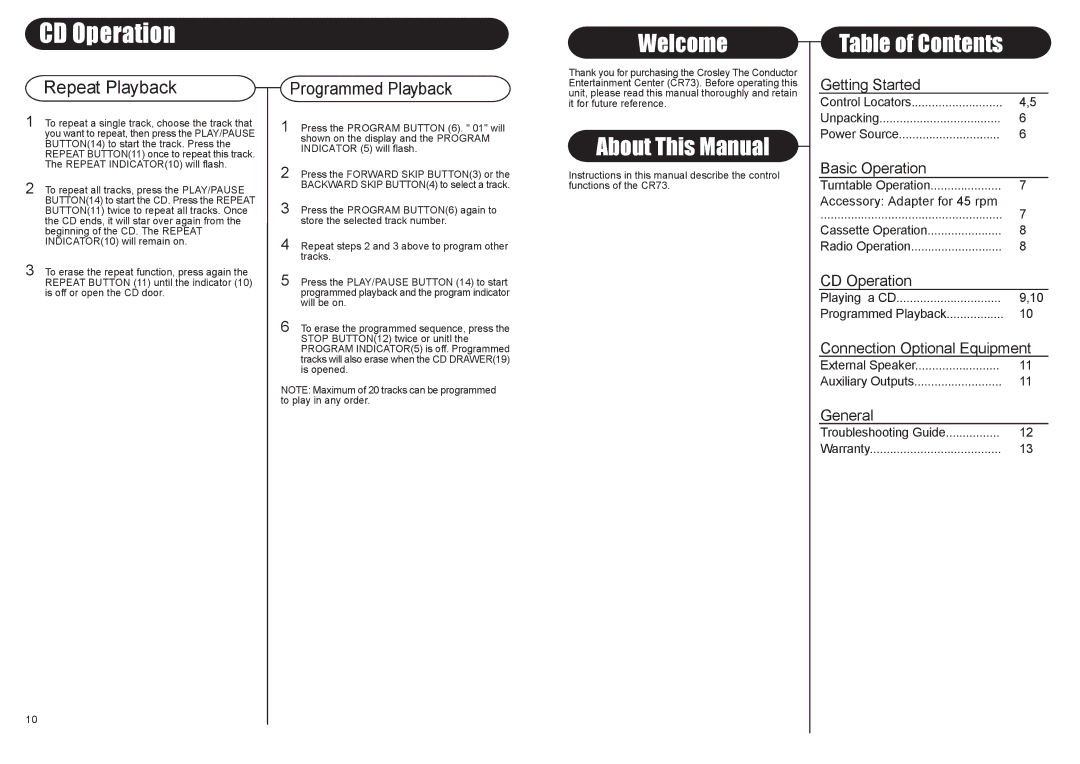 Crosley Radio CR73 instruction manual CD Operation, Welcome 