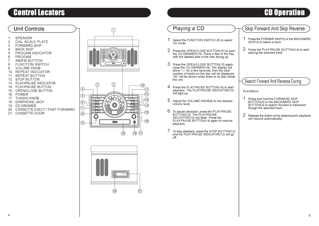 Crosley Radio CR73 instruction manual Control Locators, Unit Controls, Playing a CD, Playback 