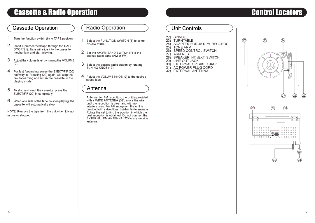 Crosley Radio CR73 instruction manual Cassette & Radio Operation, Cassette Operation Radio Operation, Antenna, Tuning Knob 