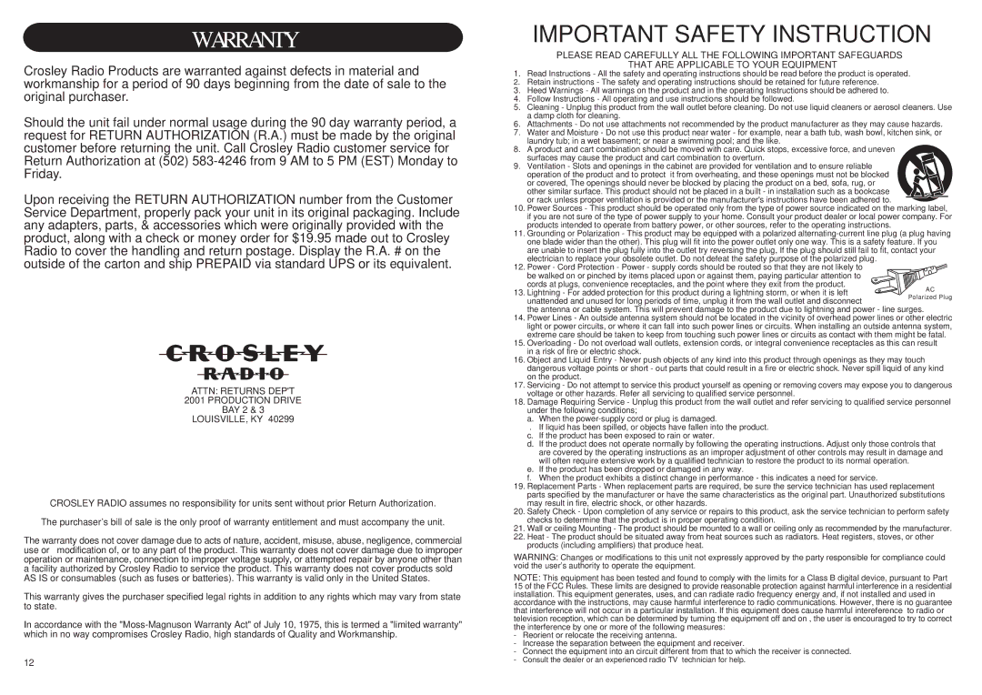 Crosley Radio CR73 instruction manual Attn Returns Dept Production Drive, Louisville, Ky 