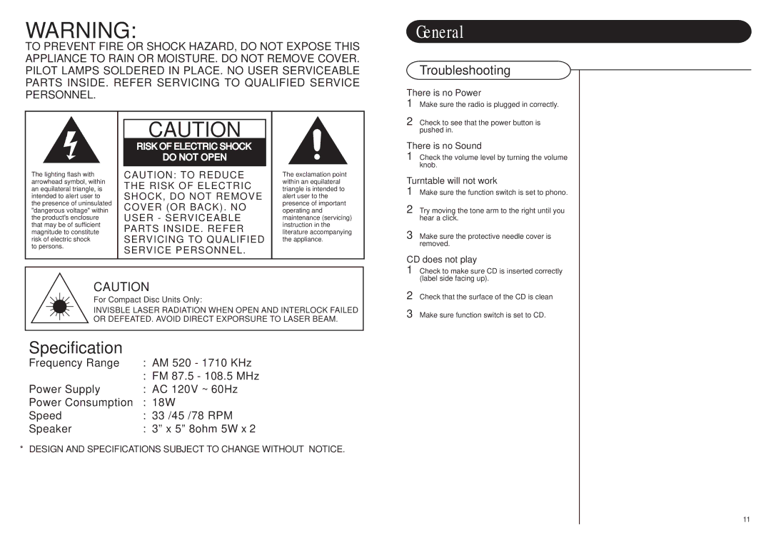 Crosley Radio CR73 instruction manual General, Troubleshooting 