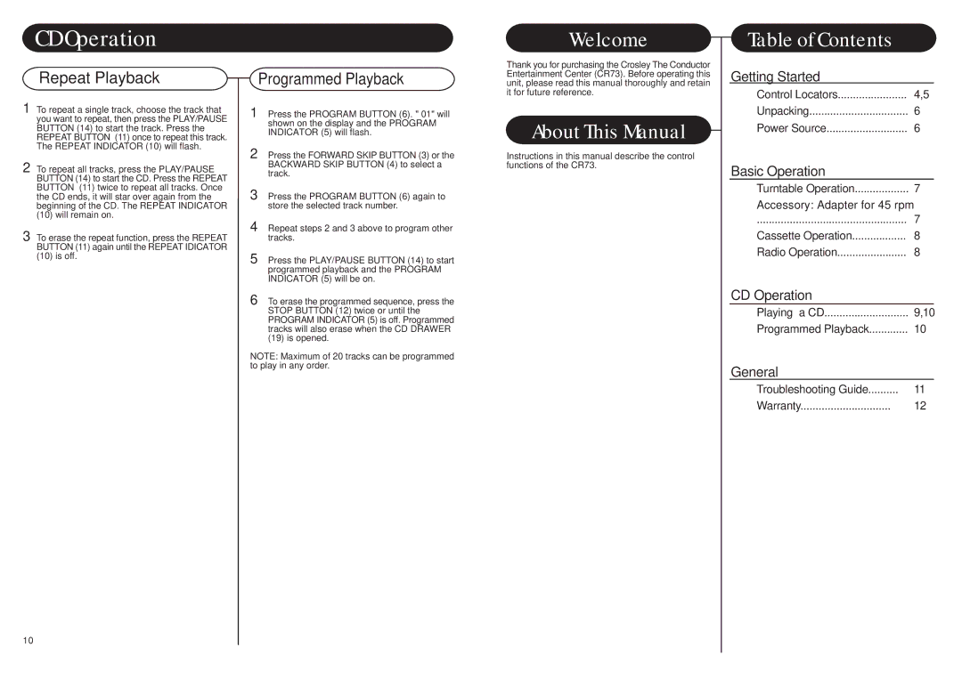 Crosley Radio CR73 instruction manual CD Operation, Welcome 