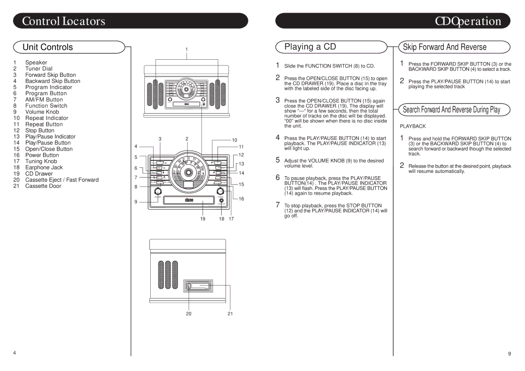 Crosley Radio CR73 Control Locators, Unit Controls, Skip Forward And Reverse, Search Forward And Reverse During Play 