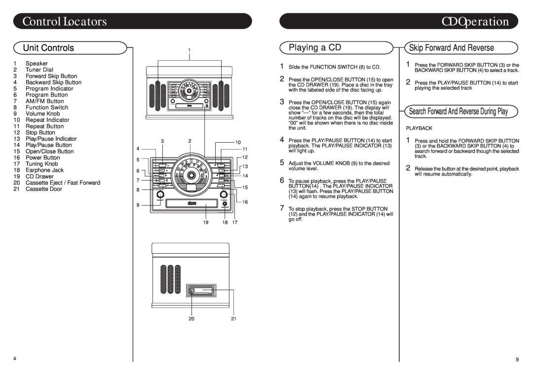 Crosley Radio CR73 instruction manual Control Locators, Unit Controls, Skip Forward And Reverse, CD Operation 