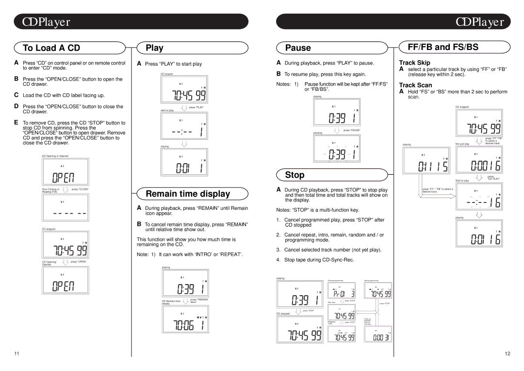 Crosley Radio CR79 instruction manual CD Player, To Load a CD Play, Pause, FF/FB and FS/BS, Remain time display 