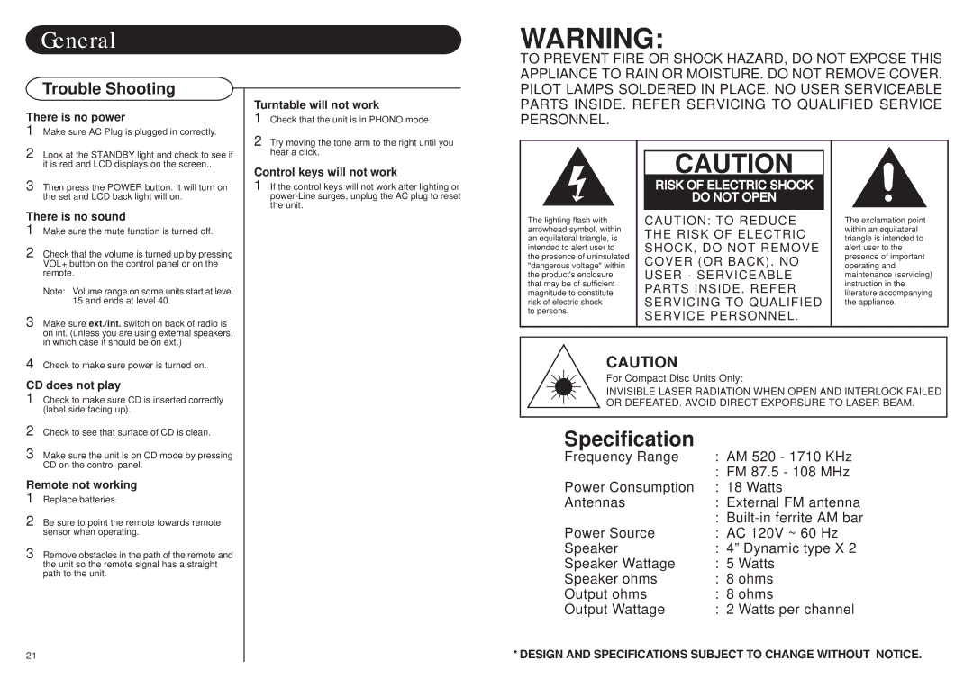 Crosley Radio CR79 instruction manual General, Trouble Shooting 