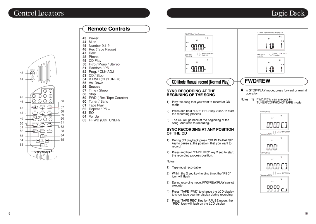 Crosley Radio CR79 instruction manual Remote Controls, CD Mode Manual record Normal Play 