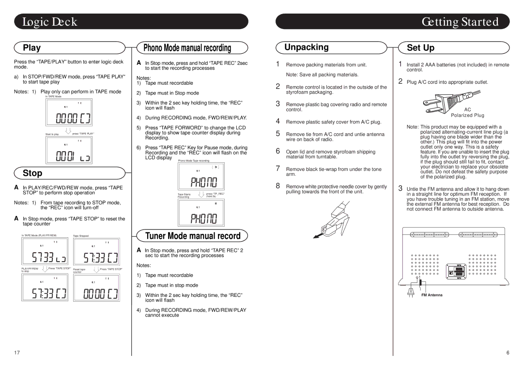 Crosley Radio CR79 instruction manual Getting Started, Play, Stop, Unpacking, Set Up 