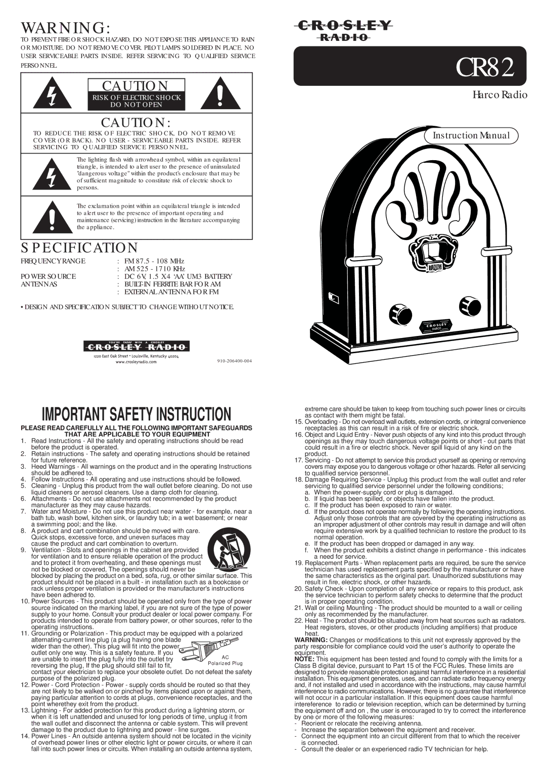 Crosley Radio CR82 instruction manual 